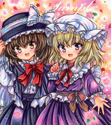 Rule 34 | 2girls, :d, adapted costume, black capelet, black headwear, black skirt, blonde hair, blush, bow, bowtie, brown eyes, brown hair, buttons, capelet, cherry blossoms, cowboy shot, dress, frilled bow, frilled capelet, frilled hat, frills, hand up, hands on headwear, hat, hat bow, hat ribbon, long sleeves, looking at viewer, maribel hearn, marker (medium), medium hair, mob cap, multiple girls, neck ribbon, open mouth, petals, purple dress, purple eyes, red bow, red bowtie, red ribbon, ribbon, rui (sugar3), sample watermark, shirt, skirt, smile, spread fingers, standing, touhou, traditional media, usami renko, watermark, white bow, white headwear, white ribbon, white shirt