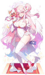 Rule 34 | 1girl, alternate costume, apple caramel, bare shoulders, blue archive, blush, breasts, cleavage, covered navel, crescent, crescent pin, detached collar, detached sleeves, double bun, enmaided, feathered wings, food, frilled sleeves, frills, full body, hair bun, halo, high heels, highres, large breasts, leotard, long hair, looking at viewer, maid, maid headdress, mika (blue archive), open mouth, petals, pink footwear, pink hair, pink halo, simple background, smile, solo, strapless, strapless leotard, thighhighs, white background, white leotard, white sleeves, white thighhighs, white wings, wide sleeves, wing decorations, wings, yellow eyes