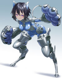 Rule 34 | 1girl, black hair, blue bodysuit, bodysuit, breasts, digitigrade, full body, gradient background, hair intakes, half-closed eyes, highres, kurione (zassou), leaning forward, looking at viewer, mecha musume, mechanical arms, mechanical legs, mechanical tail, medium breasts, original, oversized forearms, oversized limbs, purple eyes, shiny clothes, short hair, skin tight, solo, tail