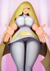 Rule 34 | 1girl, alternate breast size, bare shoulders, blonde hair, breasts, cameltoe, creatures (company), dress, female focus, game freak, green eyes, hair over one eye, highres, large breasts, lips, long hair, loodncrood, looking at viewer, looking down, lusamine (pokemon), multicolored clothes, multicolored dress, multicolored pants, nintendo, pants, pink background, pokemon, pokemon sm, solo, thighs, very long hair