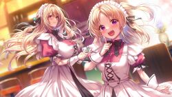 Rule 34 | 2girls, amakano 2, blonde hair, blurry, blurry background, breasts, cup, dress, dutch angle, finger to cheek, floating hair, highres, holding, holding tray, index finger raised, indoors, large breasts, light smile, long hair, looking at viewer, maid headdress, mole, mole under mouth, multiple girls, piromizu, puffy short sleeves, puffy sleeves, short sleeves, standing, teacup, teeth, tray, tsutamachi chitose, two side up, upper teeth only, very long hair, wrist cuffs