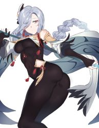 Rule 34 | 1girl, 2l (2lsize), ass, braid, breasts, chinese clothes, clothing cutout, commentary, earrings, genshin impact, grey eyes, grey hair, hair ornament, hair over one eye, highres, jewelry, long hair, low-braided long hair, low-tied long hair, polearm, shenhe (genshin impact), shoulder cutout, solo, tassel, tassel earrings, thighs, very long hair, weapon, white background