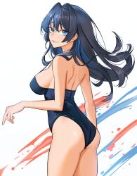 Rule 34 | 1girl, alternate costume, alternate hair length, alternate hairstyle, ass, backless swimsuit, blue eyes, blue hair, blue one-piece swimsuit, breasts, commentary, cowboy shot, english commentary, floating hair, from behind, from side, hair intakes, highres, hololive, hololive english, light smile, long hair, looking at viewer, looking back, medium breasts, nokaa aru, one-piece swimsuit, ouro kronii, parted lips, simple background, solo, standing, swimsuit, virtual youtuber, white background
