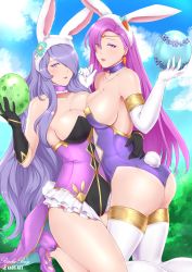 Rule 34 | 2girls, absurdres, animal ears, ass, bare shoulders, black gloves, blue eyes, blush, breasts, brunnya (fire emblem), camilla (fire emblem), cleavage, easter, easter egg, egg, elbow gloves, fake animal ears, female focus, fire emblem, fire emblem: the binding blade, fire emblem fates, fire emblem heroes, from behind, gloves, hair over one eye, highres, kaoster1, kneeling, large breasts, leotard, long hair, looking at viewer, matching hair/eyes, multiple girls, nintendo, playboy bunny, purple eyes, purple hair, rabbit ears, rabbit tail, shiny clothes, shiny skin, smile, tail, thighhighs, very long hair, white gloves
