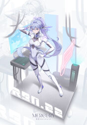Rule 34 | 1girl, absurdres, alternate costume, aqua eyes, artist name, blue hair, bodysuit, breasts, commentary, covered navel, english commentary, facial tattoo, full body, gloves, groin, hair intakes, hair ornament, halo, hand on own hip, highres, honkai: star rail, honkai (series), impossible bodysuit, impossible clothes, instagram logo, instagram username, long hair, looking at viewer, medium breasts, mercury jc, robin (honkai: star rail), salute, smile, solo, standing, tattoo, twitter username, twitter x logo, very long hair, white bodysuit, white gloves