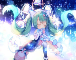 Rule 34 | 1girl, asymmetrical gloves, bad id, bad pixiv id, bare shoulders, bell, blue gloves, blue thighhighs, blush, boots, chibi, closed eyes, commentary, covered mouth, fur-trimmed boots, fur-trimmed gloves, fur-trimmed skirt, fur trim, gloves, green hair, hands up, hatsune miku, headphones, long hair, magical mirai (vocaloid), magical mirai miku, magical mirai miku (2020 winter), mismatched gloves, own hands clasped, own hands together, pink gloves, shiomizu (swat), single thighhigh, skirt, solo, thighhighs, twintails, very long hair, vocaloid, white footwear, white skirt