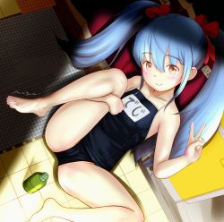 Rule 34 | 1girl, absurdres, bad id, bad twitter id, barefoot, blue hair, borrowed character, brown eyes, commentary request, feet, highres, inactive account, knee to chest, knee up, hugging own legs, leg up, legs, long hair, lying, mayafufu, on back, one-piece swimsuit, original, ribbon, school swimsuit, smile, solo, spread legs, swimsuit, toes, twintails, v
