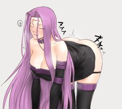 Rule 34 | 1girl, absurdly long hair, ass, blush, closed eyes, facial mark, fate/stay night, fate (series), forehead, forehead mark, grey background, highres, long hair, medusa (fate), medusa (rider) (fate), purple hair, sex, solo, thighhighs, very long hair, white background