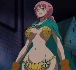 Rule 34 | 1girl, armor, bikini armor, braid, breasts, cape, curvy, dressrosa, gladiator, gloves, lips, looking to the side, navel, one piece, pink hair, rebecca (one piece), revealing clothes, screencap, shiny skin, single braid, solo, standing, stitched, third-party edit
