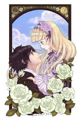 Rule 34 | 1boy, 1girl, art nouveau, artist name, blonde hair, brown eyes, brown hair, cloud, dated, dress, earrings, flower, framed, frilled sleeves, frills, from side, gosick, green eyes, hairband, hand on another&#039;s shoulder, highres, hime cut, jewelry, kujou kazuya, lolita fashion, lolita hairband, long hair, looking at another, medal, medallion, petals, profile, purple dress, purple flower, purple rose, rabbitshit, rose, short hair, sky, smile, tears, victorica de blois, white flower, white rose, wide sleeves