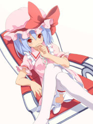 Rule 34 | 1girl, bad id, bad pixiv id, blue hair, chair, crossed legs, female focus, hat, okaki, red eyes, remilia scarlet, ribbon, short hair, simple background, sitting, solo, thighhighs, touhou, white background