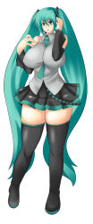 Rule 34 | 1girl, bad anatomy, bad proportions, breasts, curvy, detached sleeves, female focus, formal, full body, green eyes, green hair, hatsune miku, headphones, headset, highres, hip focus, huge breasts, impossible clothes, impossible shirt, large breasts, long hair, matching hair/eyes, necktie, pleated skirt, plump, poorly drawn, shirt, simple background, skirt, solo, thighhighs, twintails, umino mokuzu (a4 size), very long hair, vocaloid, white background, wide hips, zettai ryouiki