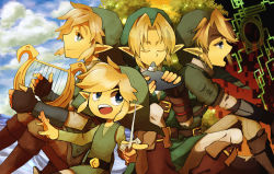 Rule 34 | 4boys, conductor baton, belt, blonde hair, blue eyes, earrings, closed eyes, gloves, harp, hat, hosuke, instrument, jewelry, link, male focus, multiple boys, multiple persona, music, nintendo, ocarina, open mouth, pointy ears, singing, smile, the legend of zelda, the legend of zelda: ocarina of time, the legend of zelda: skyward sword, the legend of zelda: the wind waker, the legend of zelda: twilight princess, toon link, tunic