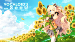 Rule 34 | 1girl, animal ears, bad id, bad pixiv id, bare shoulders, blonde hair, blue eyes, bow, bracelet, cat ears, cloud, day, flower, headset, jewelry, long hair, one eye closed, open mouth, seeu, shuen, skirt, sky, smile, solo, sunflower, thighhighs, very long hair, vocaloid, white thighhighs, wink, zettai ryouiki