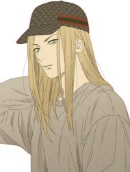 Rule 34 | 1boy, arm behind head, baseball cap, blonde hair, blue eyes, commentary request, grey hat, grey sweater, hat, long hair, looking at viewer, male focus, mashima shima, mitsugi (paradise), paradise (visual novel), parted lips, simple background, solo, sweater, upper body, white background