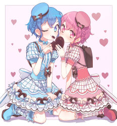 Rule 34 | 1boy, 1girl, absurdres, backpack, bad id, bad pixiv id, bag, biting, blue dress, blue eyes, blue footwear, blue hair, blue hat, blush, boots, border, braid, brother and sister, candy, chocolate, chocolate heart, covered mouth, crossdressing, dorothy west, dress, food, full body, hand up, hat, heart, high heel boots, high heels, highres, holding, holding chocolate, holding food, kneeling, looking at viewer, mini hat, mole, mole under eye, nkohime, one eye closed, open mouth, pink background, pink dress, pink eyes, pink footwear, pink hair, pink hat, pink socks, plaid, plaid dress, pretty series, pripara, puffy short sleeves, puffy sleeves, reona west, short hair, short sleeves, siblings, side braid, smile, socks, trap, twins, valentine, white border