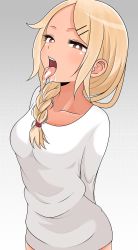 Rule 34 | 1girl, absurdres, arms behind back, blonde hair, braid, brown eyes, cum, cum in mouth, female focus, gradient background, hair ornament, hairclip, highres, ito kashiwamochi, original, solo, tongue, tongue out