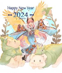 Rule 34 | 1girl, 2024, animal, animal costume, artist request, blue background, character request, chinese zodiac, coat, dragon costume, dragon hood, ear piercing, full body, highres, horns, jacket, japanese clothes, kimono, long hair, piercing, pig, pink hair, pointy ears, sandals, source request, wings