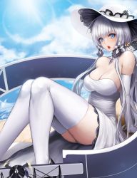 Rule 34 | 1girl, absurdres, azur lane, bad id, bad pixiv id, bare shoulders, blue eyes, blush, breasts, cleavage, dress, elbow gloves, gloves, hat, highres, illustrious (azur lane), kibellin, large breasts, long hair, looking at viewer, low twintails, mole, mole under eye, open mouth, silver hair, sitting, solo, sun hat, thighhighs, twintails, white dress, white gloves, white hat, white thighhighs