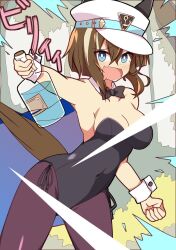 Rule 34 | 1girl, alternate costume, arm up, armpits, black leotard, black pantyhose, blue cape, blue eyes, bottle, breasts, brown hair, cape, cheval grand (umamusume), clenched hand, commentary request, cork, cowboy shot, crying, detached sleeves, ear covers, grass, hair between eyes, hat, highres, holding, holding bottle, leotard, long sleeves, looking at viewer, medium breasts, multicolored hair, nontraditional playboy bunny, open mouth, outdoors, pantyhose, peaked cap, solo, strapless, strapless leotard, streaked hair, streaming tears, tears, thighhighs, tree, umamusume, wahiko (black bastard), white hair, white hat