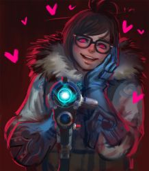 Rule 34 | 1girl, aiming, aiming at viewer, beads, brown hair, coat, evil smile, fur coat, fur trim, glasses, gloves, glowing, glowing eyes, gun, hair bun, hair ornament, hair stick, hand on own face, head tilt, heart, holding, holding weapon, looking at viewer, mei (overwatch), open mouth, overwatch, overwatch 1, pink eyes, single hair bun, smile, solo, weapon, winter clothes, winter coat, yandere, yy6242