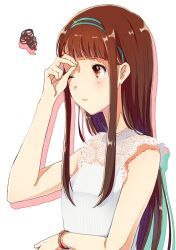 Rule 34 | 1girl, aqua hairband, bare arms, brown eyes, brown hair, commentary request, dress, drop shadow, expressionless, eyelashes, fingernails, floral print, hairband, highres, idolmaster, idolmaster million live!, lace collar, light blush, long hair, looking ahead, pink lips, rubbing eyes, simple background, sleeveless, sleeveless dress, solo, sparkle, squiggle, straight hair, tanaka kotoha, upper body, watch, white background, white dress, witoi (roa), wristwatch