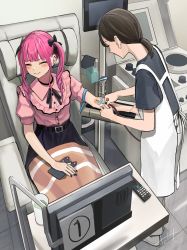 Rule 34 | 2girls, absurdres, apron, black hair, black nails, blood donation, blush, cellphone, choker, closed eyes, controller, cup, ear piercing, earrings, highres, hinamizawa hinami (tetto), intravenous drip, jewelry, monitor, multiple girls, nail polish, original, phone, piercing, pink hair, ponytail, remote control, sitting, tetto (onnoveltet), twintails