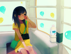 Rule 34 | 1girl, bad id, bad pixiv id, balloon, bottle, cabin, calpis, camera, casual, glasses, hand on own face, original, shirt, shorts, sitting, solo, t-shirt, tamayo, tears