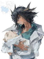 Rule 34 | 1boy, baby, black hair, blanket, blue eyes, blue shirt, covering with blanket, crossed arms, dress shirt, facial tattoo, father and son, fudo yusei, hair over shoulder, highres, holding, holding baby, holding blanket, lab coat, looking at another, looking down, male focus, mokopuru, shirt, sketch, smile, spiked hair, tattoo, white background, wrapped up, yu-gi-oh!, yu-gi-oh! 5d&#039;s