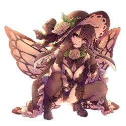 Rule 34 | 1girl, bow, bow panties, breasts, brown eyes, brown hair, butterfly wings, flower, gloves, hand on own face, hat, high heels, insect wings, large breasts, looking to the side, naidong (artist), original, panties, rose, smile, solo, squatting, thighhighs, underwear, white background, wings