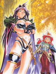 Rule 34 | 1990s (style), 2girls, araizumi rui, armlet, armor, belt, bikini, blue eyes, blush, breasts, cape, circlet, cleavage, crossed arms, earrings, gloves, hand on own hip, jewelry, large breasts, lina inverse, long hair, multiple girls, naga the serpent, orange hair, outdoors, purple hair, red eyes, retro artstyle, sheath, slayers, smile, spandex, swimsuit, sword, thigh strap, tree, weapon