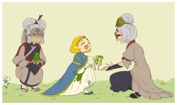 Rule 34 | 3girls, aged down, aged up, black footwear, black gloves, blank eyes, blonde hair, blue dress, blue footwear, blush, closed eyes, dress, fingerless gloves, flower, forehead tattoo, frog, full body, giving, glasses, gloves, grass, hair bun, hair ornament, hair stick, impa, looking at another, multiple girls, nintendo, open mouth, pointy ears, princess zelda, profile, purah, robe, sandals, shaded face, shoes, short hair, short sleeves, sidelocks, silver hair, simple background, single hair bun, skirt hold, smile, squatting, tan background, the legend of zelda, the legend of zelda: breath of the wild, tiara, usushira, white gloves