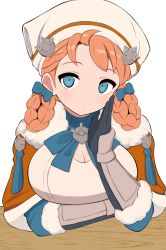 Rule 34 | 1girl, annette fantine dominic, arm under breasts, blue eyes, blush, braided hair rings, breasts, cleavage, fire emblem, fire emblem: three houses, fire emblem warriors, fire emblem warriors: three hopes, highres, medium breasts, nintendo, orange hair, solo