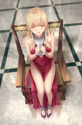 Rule 34 | 1girl, absurdres, angry fish, bare shoulders, bdsm, blonde hair, blush, bondage, bound, braid, breasts, dress, floor, full body, girls&#039; frontline, hair ornament, high heels, highres, legs, long hair, looking at viewer, official alternate costume, open mouth, ots-14 (girls&#039; frontline), ots-14 (ruler of the banquet) (girls&#039; frontline), red dress, red footwear, restrained, simple background, sitting, solo, thighs, wrist cuffs, yellow eyes