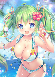 Rule 34 | 1girl, :d, ;p, bikini, blue eyes, blue sky, bracelet, breasts, cleavage, commentary request, day, flower, green hair, hair between eyes, hair flower, hair ornament, hair ribbon, hibiscus, highres, horizon, jewelry, large breasts, lens flare, long hair, melon-chan, melonbooks, mikeou, navel, ocean, one eye closed, open mouth, outdoors, palm tree, ribbon, side-tie bikini bottom, sky, smile, solo, sparkle, standing, striped bikini, striped clothes, swimsuit, tongue, tongue out, tree, twintails, twitter username, very long hair, watermark, waving
