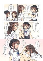 Rule 34 | 2girls, 4koma, blue bow, blush, bow, breasts, brown eyes, brown hair, closed eyes, comic, commentary request, ears visible through hair, hachiko (hati12), hair between eyes, highres, multiple girls, open mouth, original, school uniform, serafuku, short hair, sitting, skirt, sweat, table, translation request, twintails, yuri