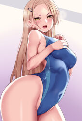 Rule 34 | 1girl, blonde hair, blue one-piece swimsuit, breasts, brown eyes, cameltoe, commentary request, competition swimsuit, covered navel, cowboy shot, hair ornament, hairclip, highleg, highleg swimsuit, huyumitsu, large breasts, long hair, one-piece swimsuit, original, solo, swimsuit, swimsuit under clothes