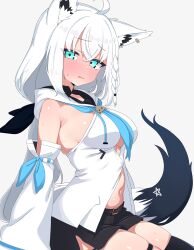 Rule 34 | 1girl, absurdres, ahoge, animal ear fluff, animal ears, aqua eyes, black thighhighs, braid, breasts, commentary, dated commentary, detached sleeves, fox ears, fox girl, fox tail, grey background, highres, hololive, long hair, looking at viewer, medium breasts, mingkozus, pentagram, shirakami fubuki, shirakami fubuki (1st costume), simple background, single braid, solo, tail, thighhighs, thighs, virtual youtuber, white hair, white sleeves