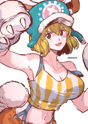 Rule 34 | 1girl, animal ears, animal hands, aosora2823, armpits, blonde hair, breasts, brown eyes, carrot (one piece), cleavage, cosplay, furry, furry female, gloves, highres, large breasts, looking at viewer, navel, one piece, open mouth, paw gloves, rabbit ears, rabbit girl, rabbit tail, shirt, short hair, simple background, smile, solo, striped clothes, striped shirt, suspenders, tail, tony tony chopper, tony tony chopper (cosplay), vertical-striped clothes, vertical-striped shirt, white background