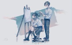 Rule 34 | 1boy, 1girl, absurdres, amenojaku, artist name, belt, black socks, blush, bracelet, chair, collared shirt, commentary request, drawing, easel, grey eyes, grey hair, hair between eyes, hand up, highres, holding, holding another&#039;s hair, holding pencil, jewelry, kneehighs, long hair, long sleeves, looking at another, open mouth, original, pants, paper, pencil, pleated skirt, school uniform, shirt, short hair, sideways glance, sitting, skirt, slippers, socks, standing, white shirt