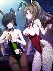 Rule 34 | 2girls, alcohol, animal ears, armpit crease, black bow, black bowtie, black hair, black leotard, black pantyhose, blue eyes, blunt bangs, blush, bottle, bottle opener, bow, bowtie, breast tattoo, breasts, brown hair, cigarette, cleavage, commentary request, covered navel, cup, detached collar, drinking glass, fake animal ears, fishnet pantyhose, fishnets, hand on table, high ponytail, highres, holding, holding bottle, holding cup, kanmei, korean commentary, large breasts, leaning on table, leotard, limbus company, long hair, medium breasts, mole, mole under eye, multiple girls, necktie, nontraditional playboy bunny, one eye closed, open mouth, pantyhose, playboy bunny, ponytail, project moon, rabbit ears, red eyes, red leotard, red necktie, red wine, rodion (project moon), ryoshu (project moon), short hair, sidelocks, single sidelock, skin tight, smoke, smoking, sparkle, standing, strapless, strapless leotard, table, tattoo, teeth, very long hair, wine, wine bottle, wine glass, wrist cuffs