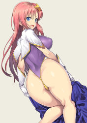 Rule 34 | 00s, 1girl, :d, ass, blue eyes, breasts, covered erect nipples, from behind, gloves, gundam, gundam seed, gundam seed destiny, hair ornament, highleg, highleg leotard, large breasts, leotard, long hair, looking back, meer campbell, nagase haruhito, open mouth, pink hair, smile, solo, star (symbol), star hair ornament, thong leotard, undressing