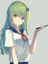 Rule 34 | 1girl, :|, arm up, blue serafuku, blue skirt, blush, breasts, cellphone, cellphone charm, charm (object), closed mouth, collarbone, expressionless, frog hair ornament, green eyes, green hair, grey background, hair ornament, highres, holding, holding phone, kisamu (ksmz), kochiya sanae, large breasts, long hair, looking at viewer, phone, pocket, red neckwear, school uniform, serafuku, shirt, short sleeves, simple background, skirt, smartphone, solo, standing, touhou, upper body, white shirt