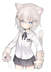 Rule 34 | 1girl, :&lt;, animal ears, animal hands, black ribbon, blue eyes, blush, capriccio, cat ears, cat girl, cat tail, closed mouth, collared shirt, commentary request, cropped legs, dated, dress shirt, flower, gloves, grey hair, grey skirt, hair between eyes, hair flower, hair ornament, hairclip, looking at viewer, neck ribbon, original, paw gloves, paw hair ornament, pleated skirt, ribbon, shirt, signature, simple background, skirt, solo, standing, tail, white background, white flower, white shirt