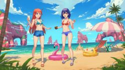 Rule 34 | 2girls, ball, beach, beachball, blue eyes, blue hair, blue shorts, brown eyes, chair, cloud, coconut, commission, commissioner upload, drink, flip flappers, hair ornament, hairclip, highres, inflatable toy, kokomine cocona, long hair, multiple girls, nail polish, navel, non-web source, ocean, open mouth, orange hair, outdoors, palm tree, papika (flip flappers), razv.art, sand castle, sand sculpture, sandals, shadow, short hair, shorts, shovel, smile, swimsuit, toes, tree, uexkull, umbrella, v