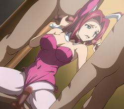 Rule 34 | 1girl, 3boys, animal ears, artist request, bare shoulders, blue eyes, bow, bowtie, breasts, censored, cleavage, code geass, covered navel, detached collar, double handjob, fake animal ears, girl on top, group sex, handjob, kouzuki kallen, large breasts, lying, medium penis, multiple boys, nude, open mouth, pantyhose, penis, playboy bunny, rabbit ears, red hair, short hair, sitting, sitting on person, standing, wrist cuffs