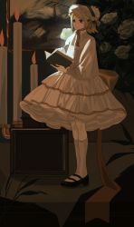 Rule 34 | 1girl, aqua eyes, blonde hair, bonnet, book, candle, commentary, dress, expressionless, flower, frilled dress, frills, headdress, highres, holding, holding book, holding quill, kagamine rin, layered dress, lolita fashion, loverinteto, painting (object), quill, short hair, spotlight, standing, vocaloid, white dress, white legwear