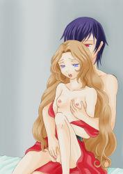 Rule 34 | 00s, 1boy, 1girl, bed, blue eyes, blue hair, grabbing another&#039;s breast, breasts, brother and sister, brown hair, censored, code geass, dress, fingering, flat chest, grabbing, groping, hetero, incest, lelouch vi britannia, long hair, nipples, non-web source, nunnally vi britannia, off shoulder, open clothes, open mouth, pink eyes, pussy, siblings, sitting, very long hair