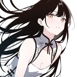 Rule 34 | 1girl, bare shoulders, black hair, breasts, brown eyes, byakuya reki, cleavage, commentary request, dress, highres, long hair, looking at viewer, original, parted lips, simple background, sleeveless, sleeveless dress, small breasts, smile, solo, very long hair, white background, white dress