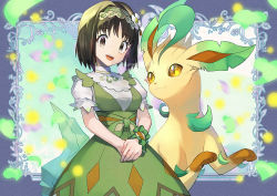 Rule 34 | 1girl, :d, breasts, commentary request, creatures (company), dress, erika (pokemon), erika (sygna suit) (pokemon), falling leaves, flower, game freak, gen 4 pokemon, green dress, green hairband, hair flower, hair ornament, hairband, leaf, leafeon, nintendo, official alternate costume, open mouth, own hands together, pokemon, pokemon (creature), pokemon masters ex, shirt, short hair, short sleeves, smile, teeth, tongue, upper teeth only, white flower, white shirt, wristband, yamanashi taiki